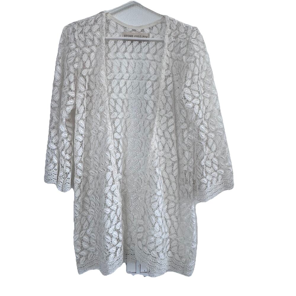 STONE COLD FOX White Lace Open Detail Duster Blouse Top M